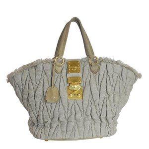Miu Miu Canvas Matelasse Suede Trimmed Tote Bag Ecru